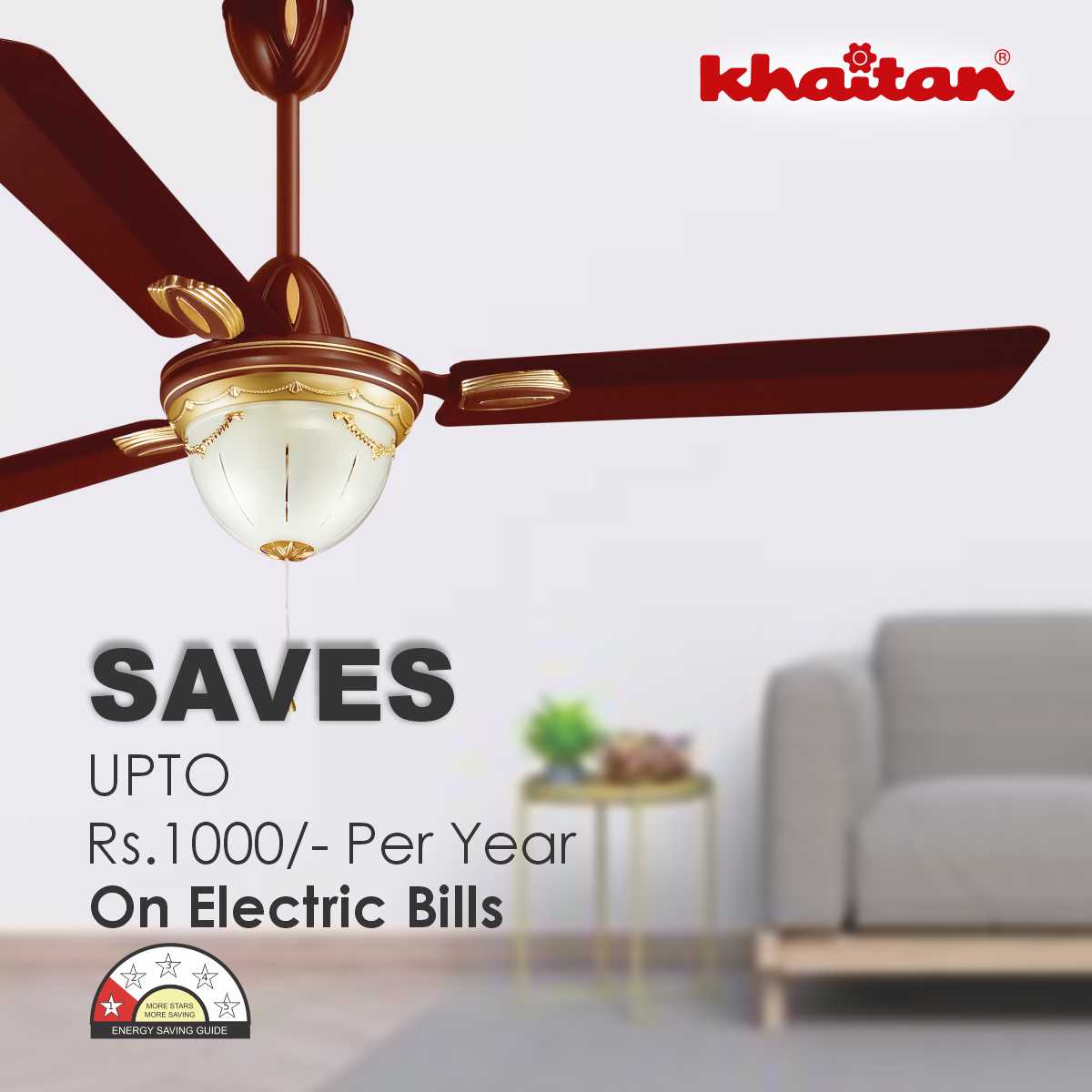 Khaitan Standard 1200 mm 3 Blades 55 W Brown Ceiling Fans_3