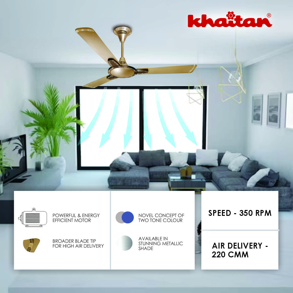 Khaitan Standard 1200 mm 3 Blades 52 W Amber Gold Ceiling Fans_1