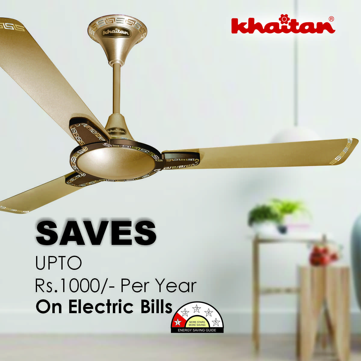 Khaitan Standard 1200 mm 3 Blades 52 W Amber Gold Ceiling Fans_3