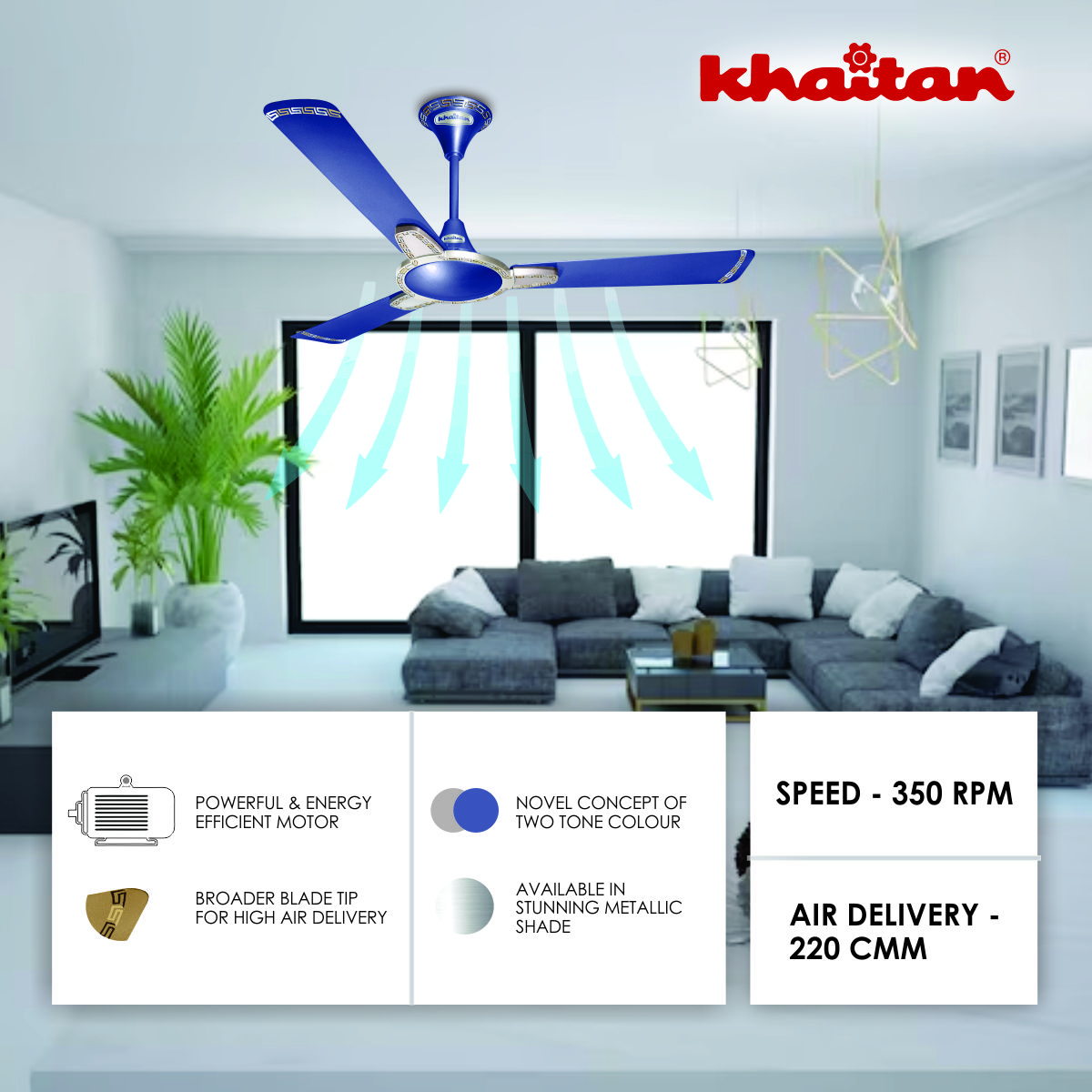 Khaitan Standard 1200 mm 3 Blades 52 W Electric Blue Ceiling Fans_2