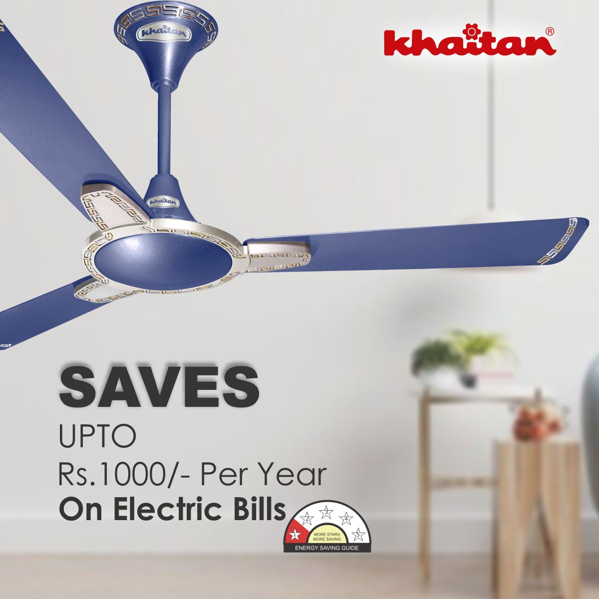 Khaitan Standard 1200 mm 3 Blades 52 W Electric Blue Ceiling Fans_4