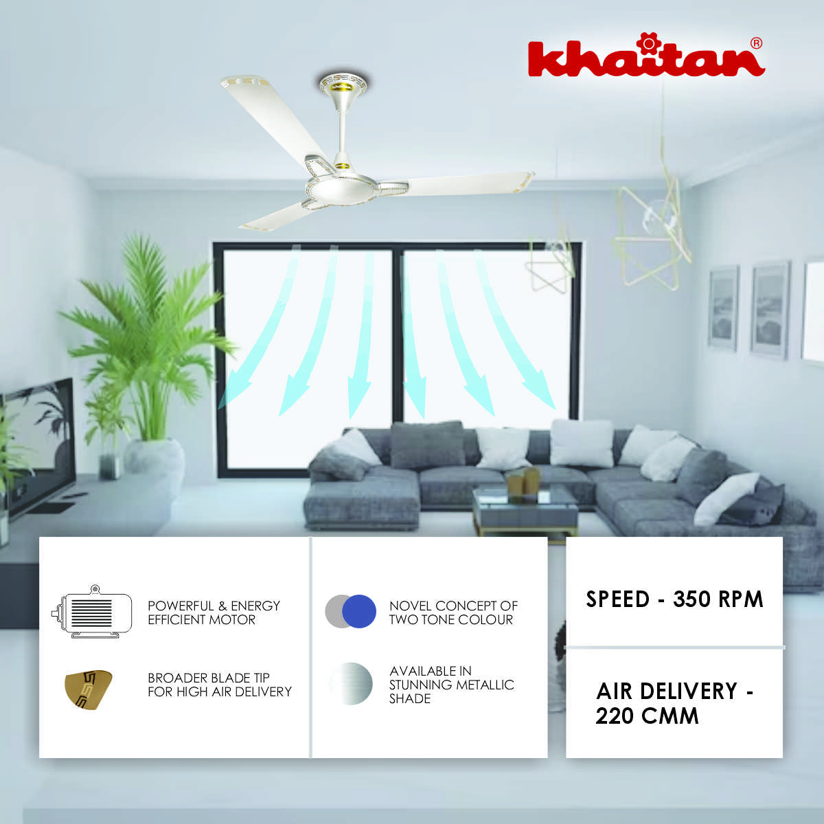 Khaitan Standard 1200 mm 3 Blades 52 W Pearl White Ceiling Fans_1