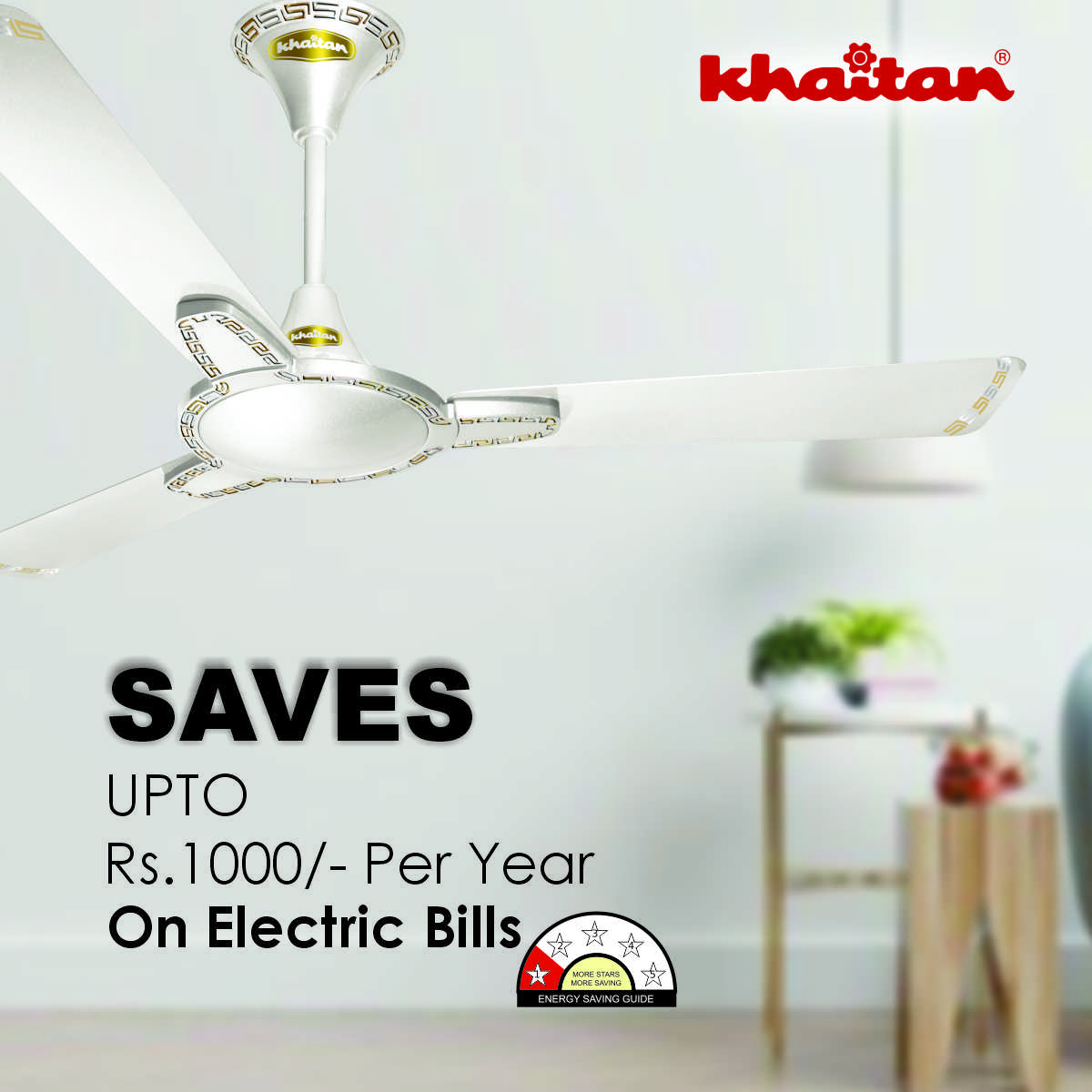Khaitan Standard 1200 mm 3 Blades 52 W Pearl White Ceiling Fans_3