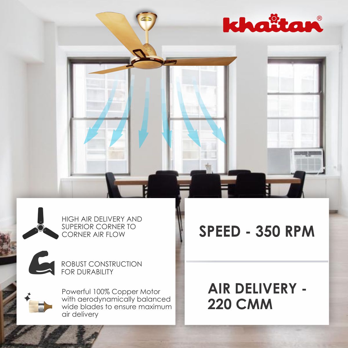 Khaitan Standard 1200 mm 3 Blades 52 W Metallic Sunshine Gold Ceiling Fans_1