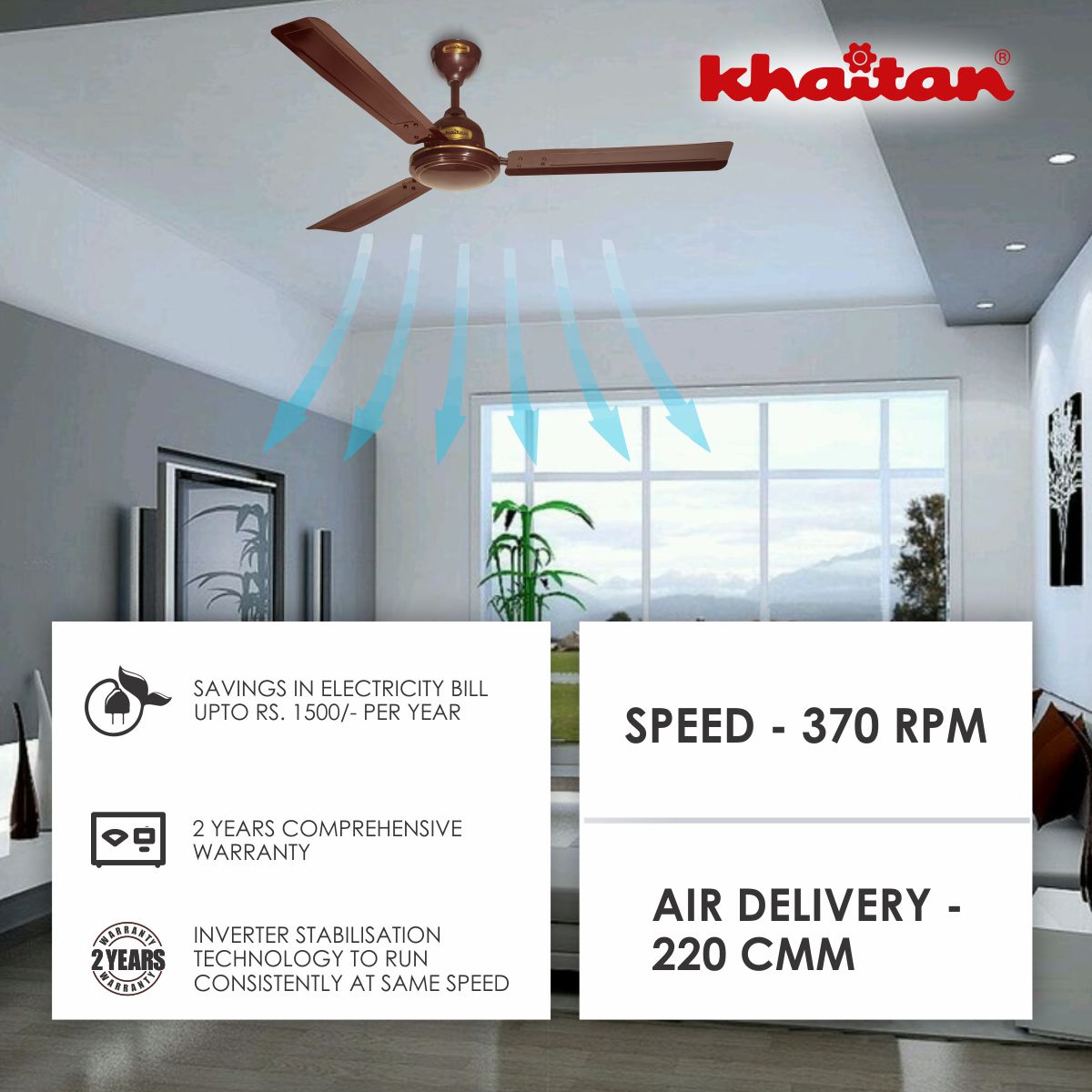 Khaitan Standard 1200 mm 3 Blades 30 W Brown Ceiling Fans_1