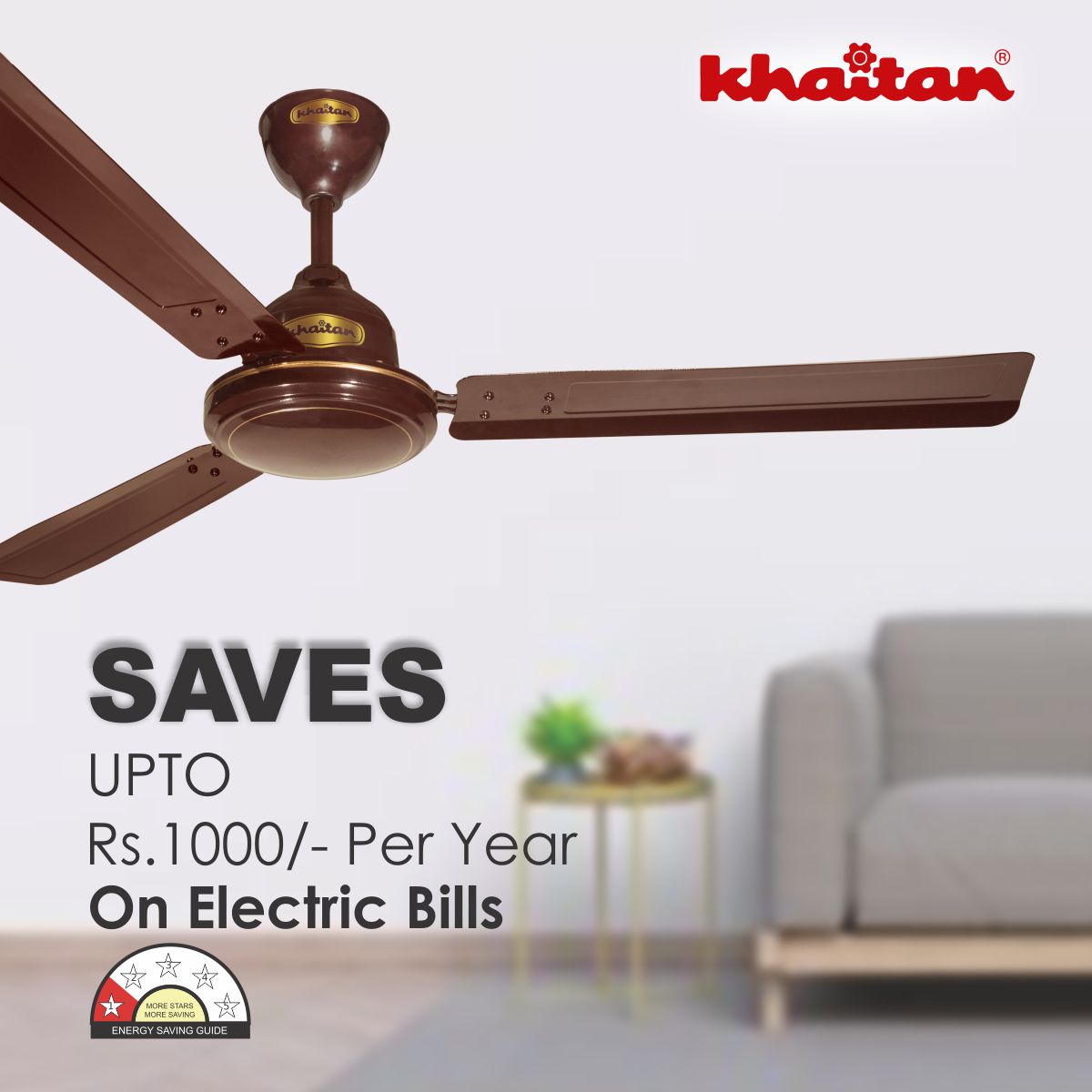 Khaitan Standard 1200 mm 3 Blades 30 W Brown Ceiling Fans_3