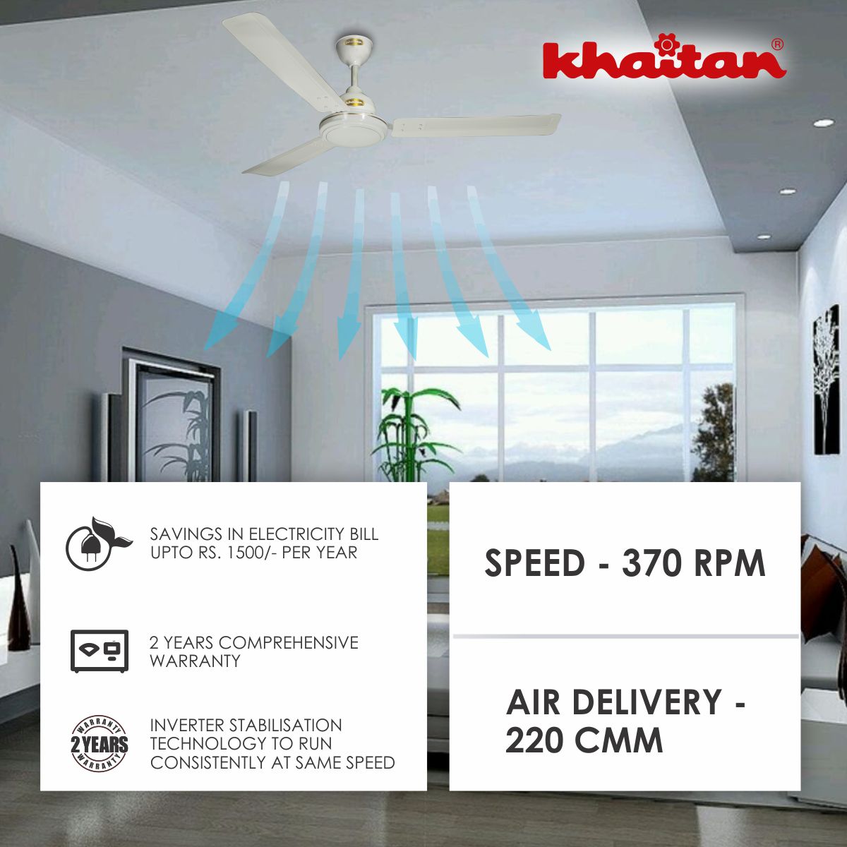 Khaitan Standard 1200 mm 3 Blades 30 W White Ceiling Fans_1