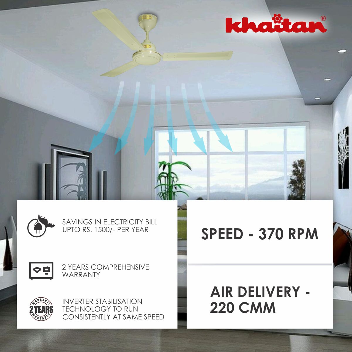 Khaitan Standard 1200 mm 3 Blades 30 W Off White Ceiling Fans_1