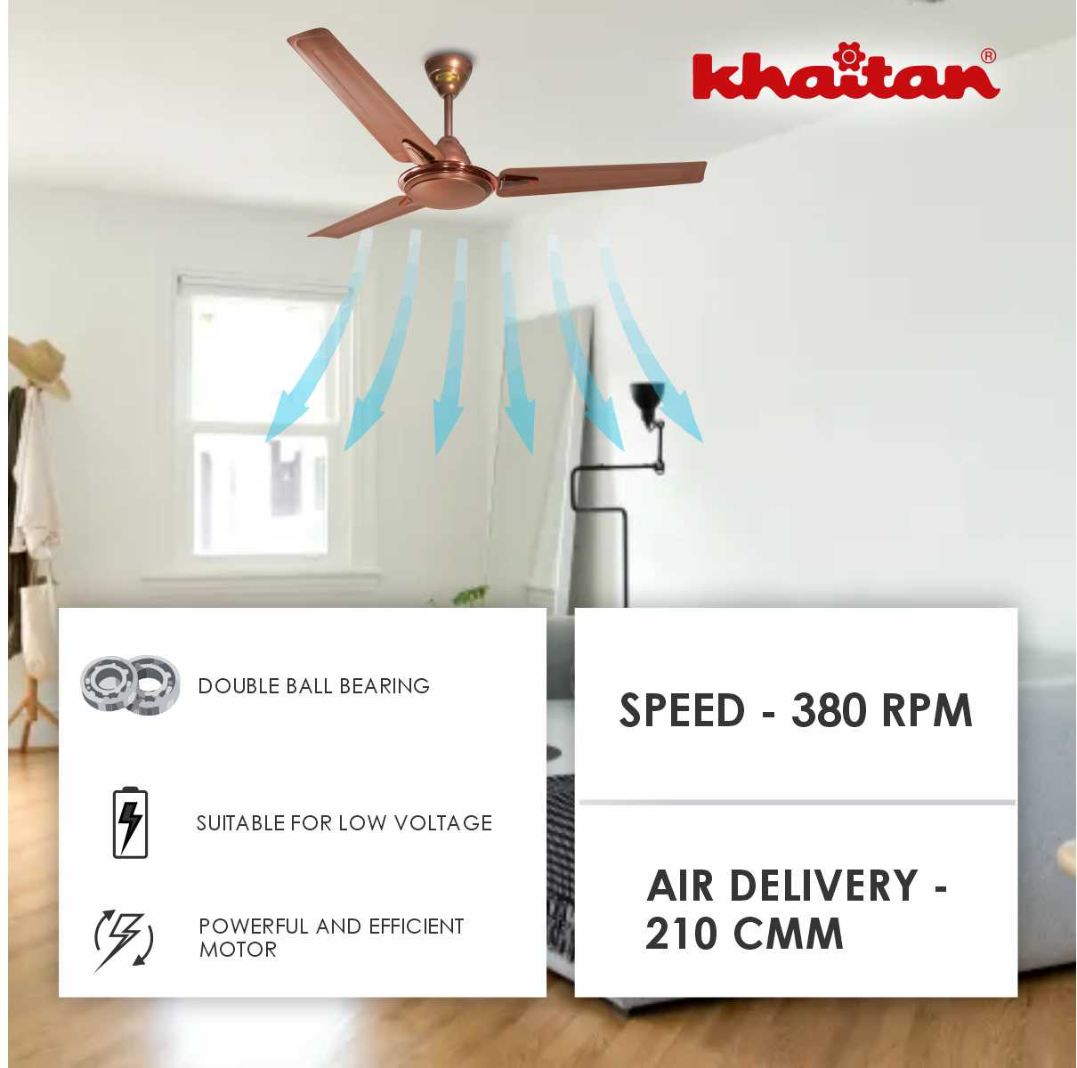 Khaitan Standard 1200 mm 3 Blades 50 W Timber Gold Ceiling Fans_1