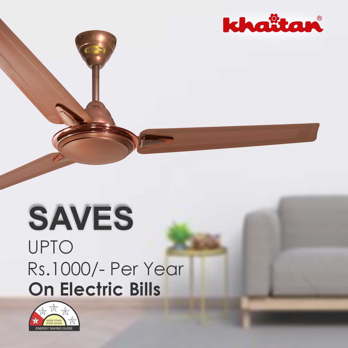 Khaitan Standard 1200 mm 3 Blades 50 W Timber Gold Ceiling Fans_3