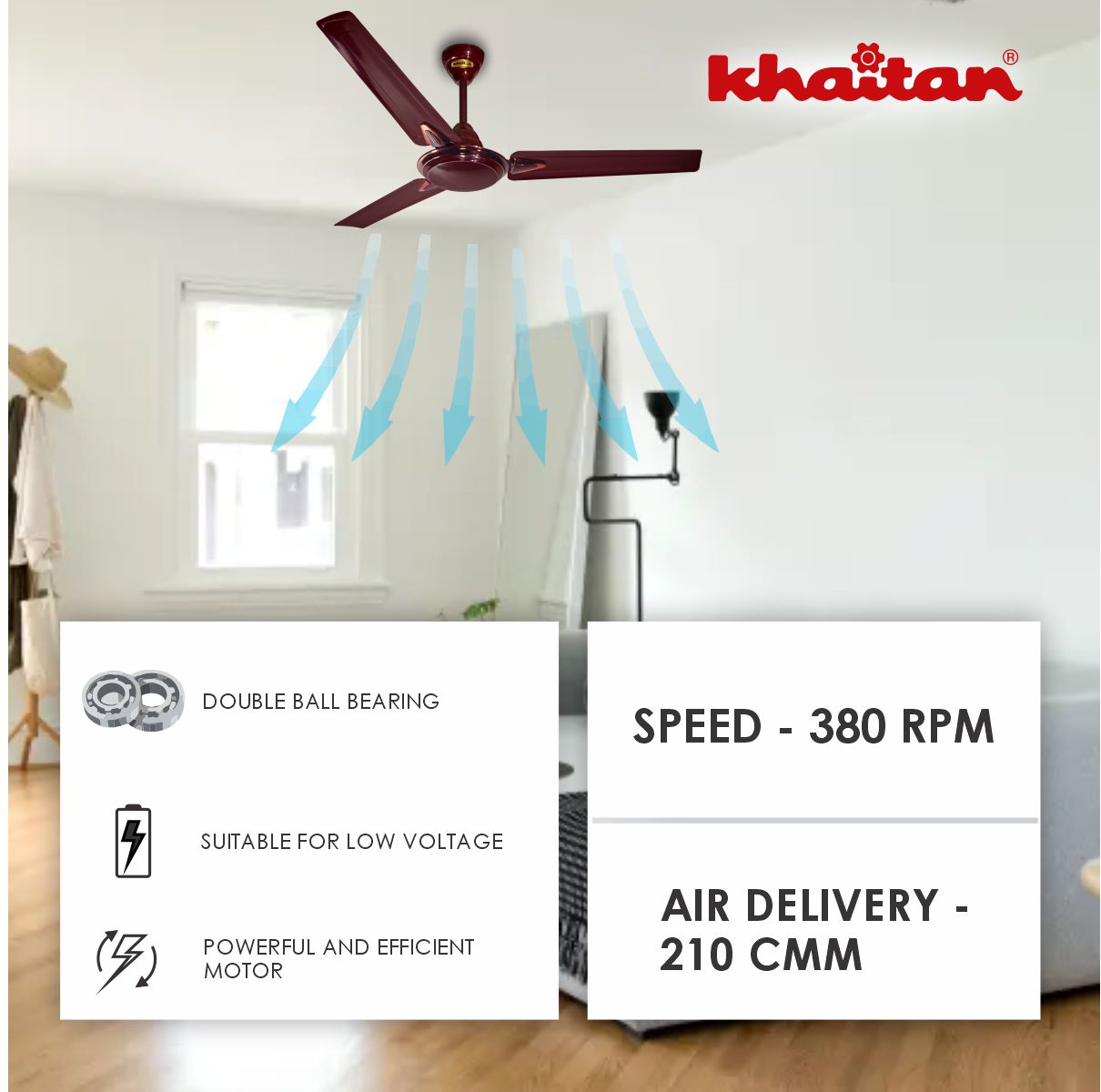 Khaitan Standard 1200 mm 3 Blades 50 W Glossy Brown Ceiling Fans_1