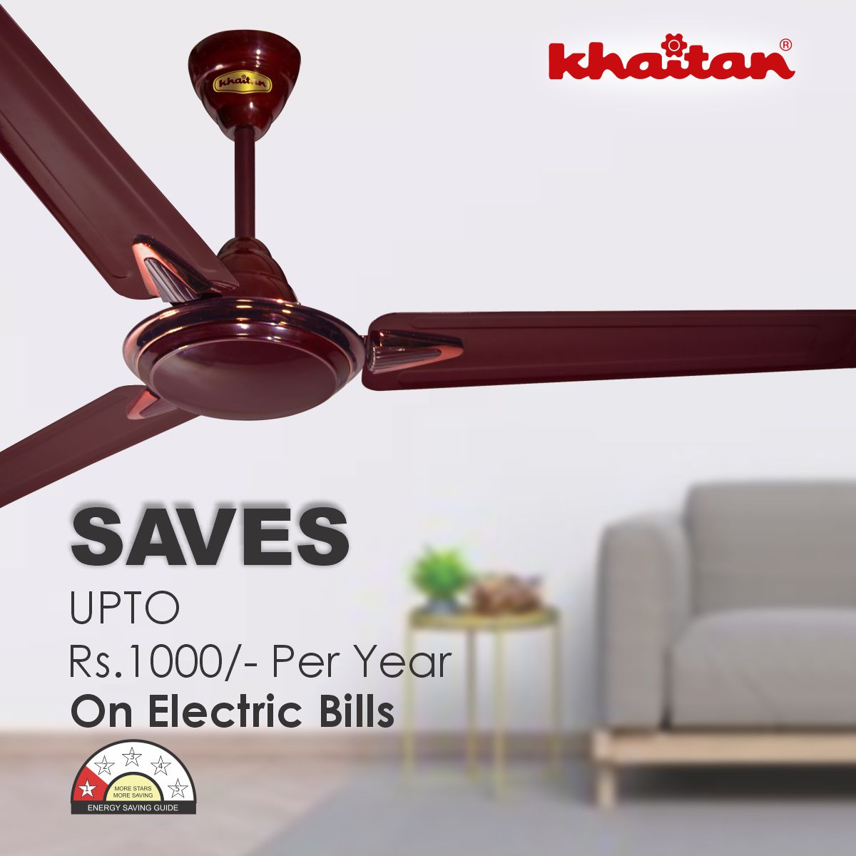 Khaitan Standard 1200 mm 3 Blades 50 W Glossy Brown Ceiling Fans_3