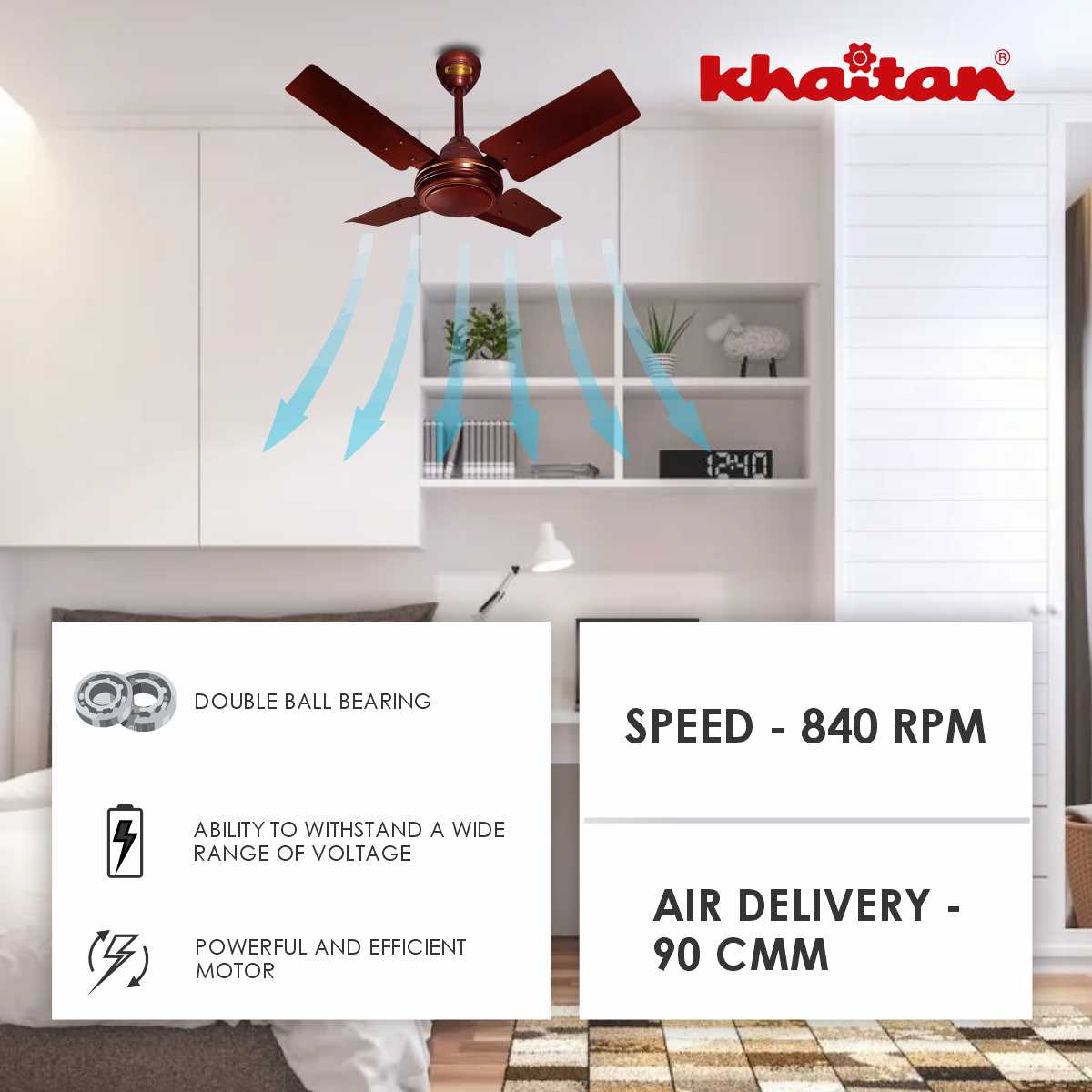 Khaitan Standard 600 mm 4 Blades 70 W Brown Ceiling Fans_1
