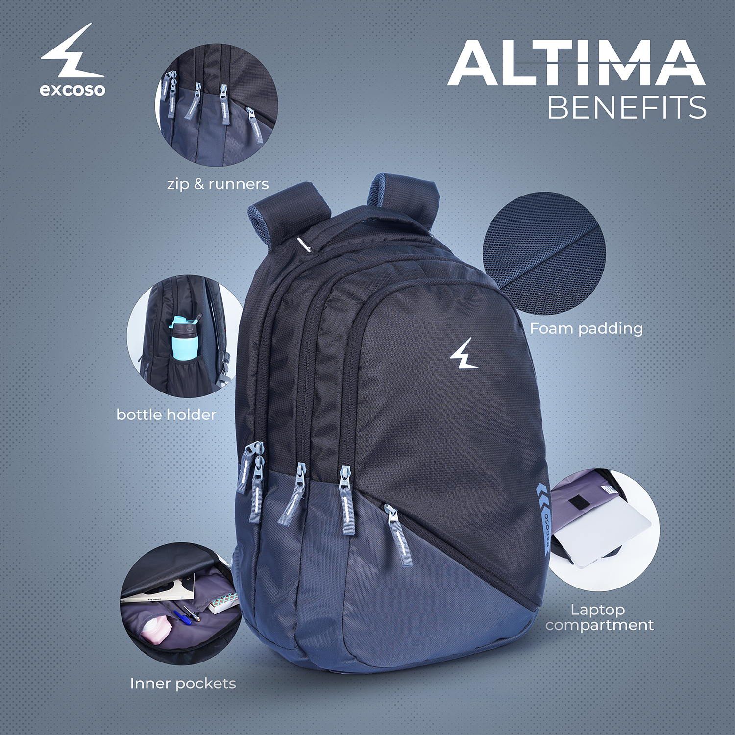 Excoso Office Bags Laptop bag Polyester Black and Grey_2