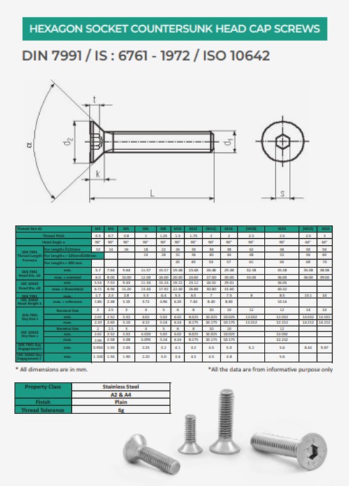 EVA M18 Countersunk Cap Hex Socket Head Screw A4 DIN 7991 Plain_1