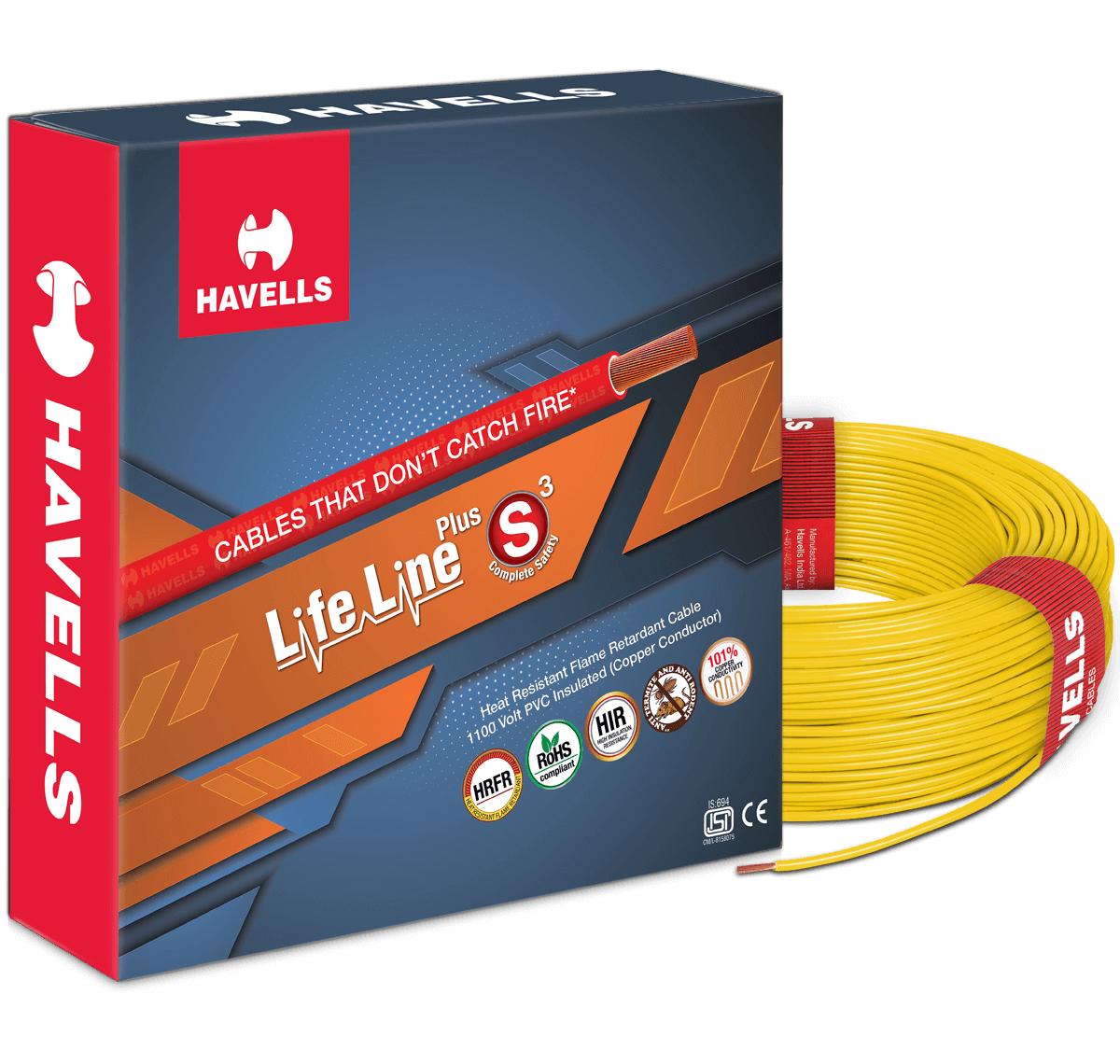 HAVELLS 0.75 sqmm Life Line Plus S3 HRFR Electric Wire Yellow 90 m_0