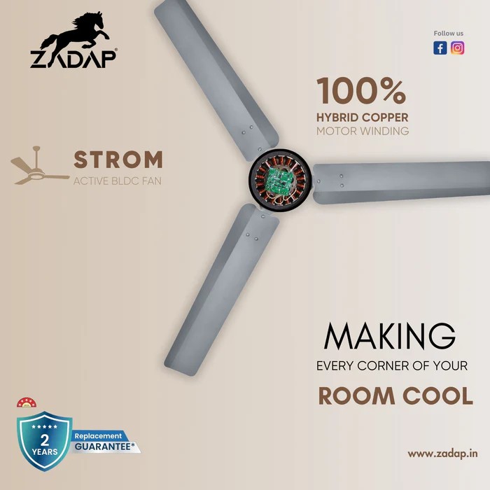 Zadap Strom 1200 mm 3 Blades 28 W Grey Ceiling Fans_4