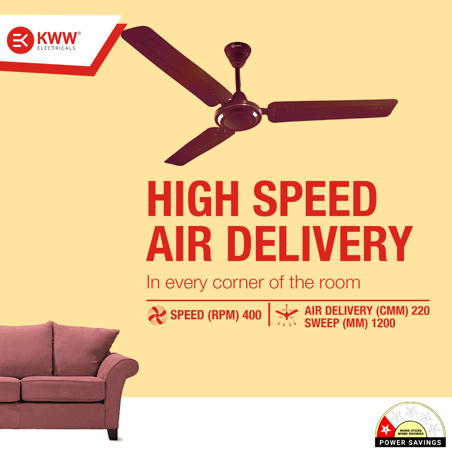 KWW AirVin 1200 mm 3 Blades 52 W Brown Ceiling Fans_4