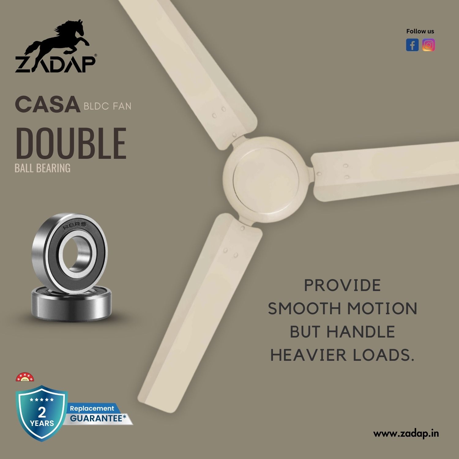 Zadap Casa 1200 mm 3 Blades 30 W Ivory Ceiling Fans_2