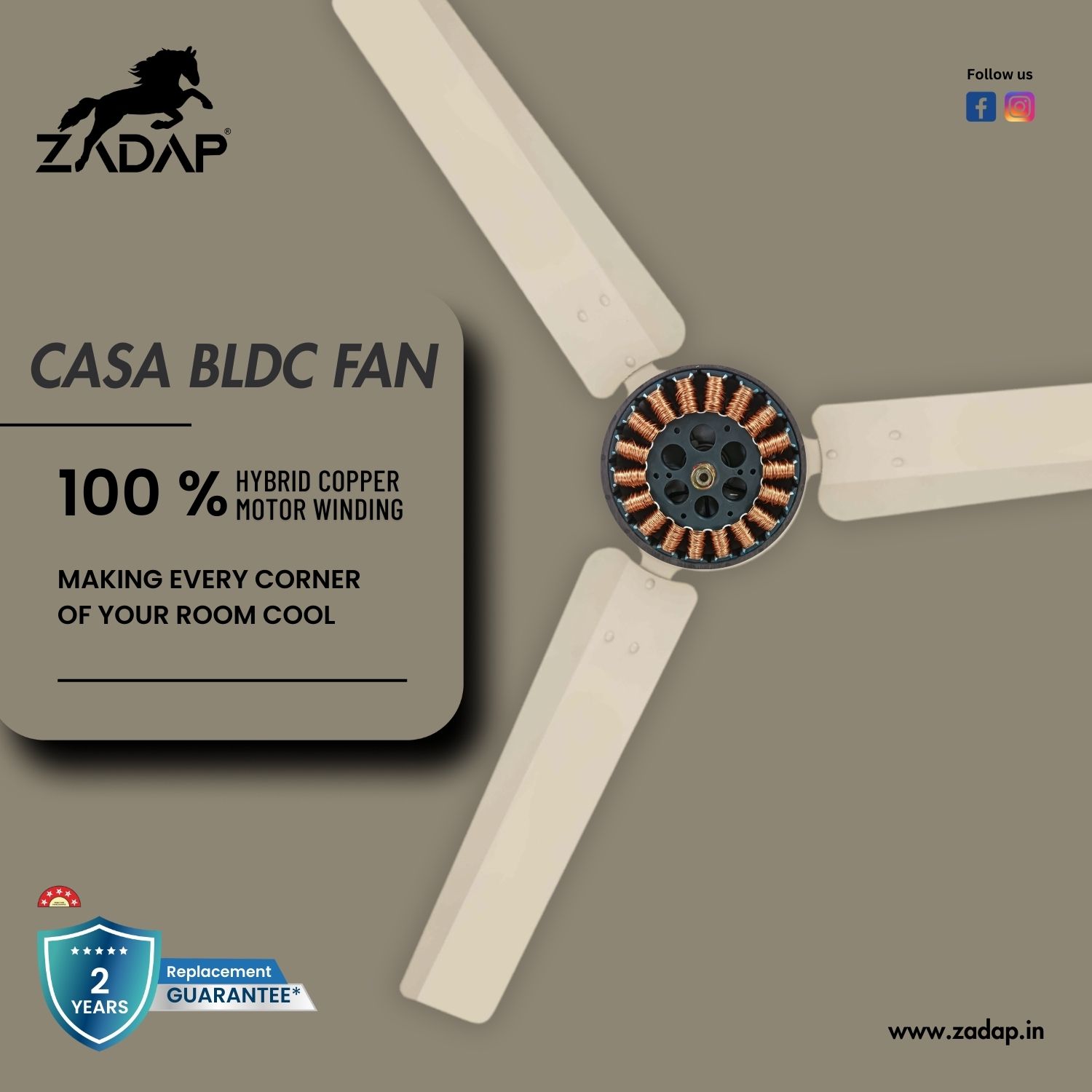 Zadap Casa 1200 mm 3 Blades 30 W Ivory Ceiling Fans_3