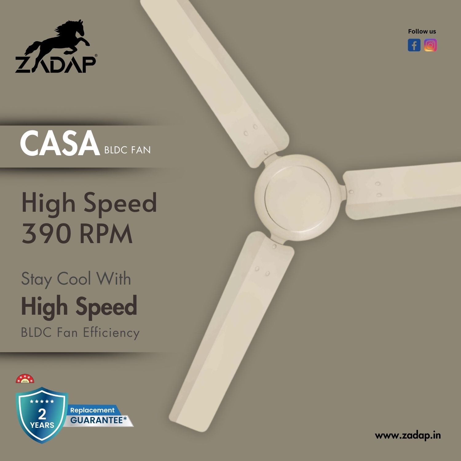 Zadap Casa 1200 mm 3 Blades 30 W Ivory Ceiling Fans_4