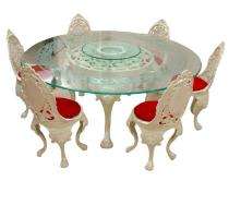 SE Cast Iron 6 Seater Glass Top Dining Table Set Round Beige_0