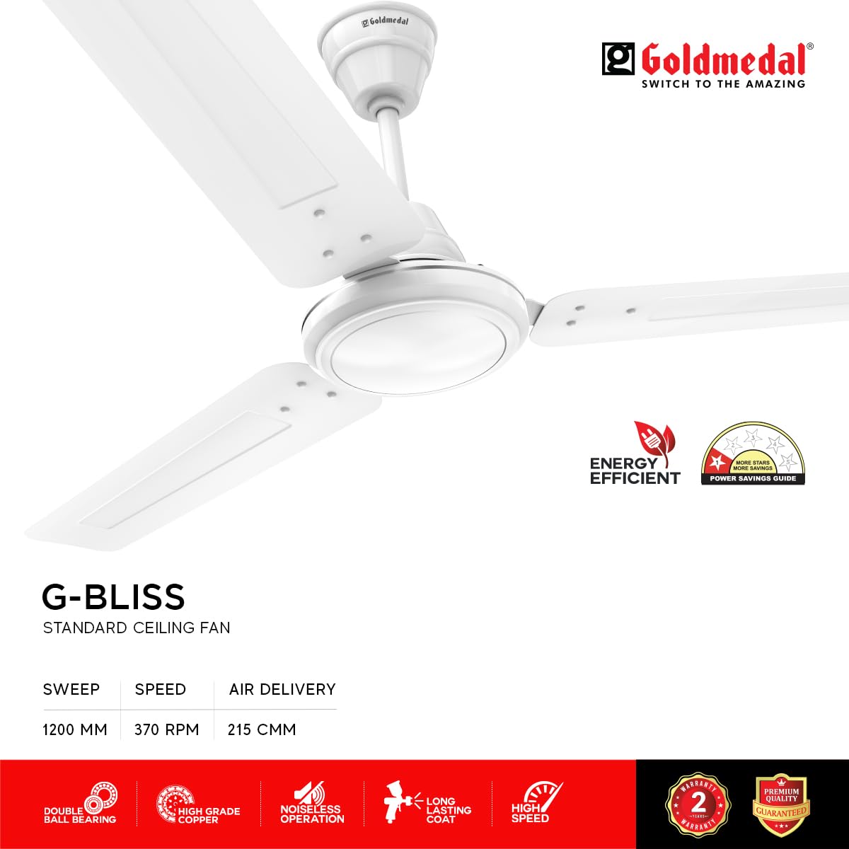 Goldmedal G-Bliss 1200 mm 3 Blades 52 W White Ceiling Fans_1