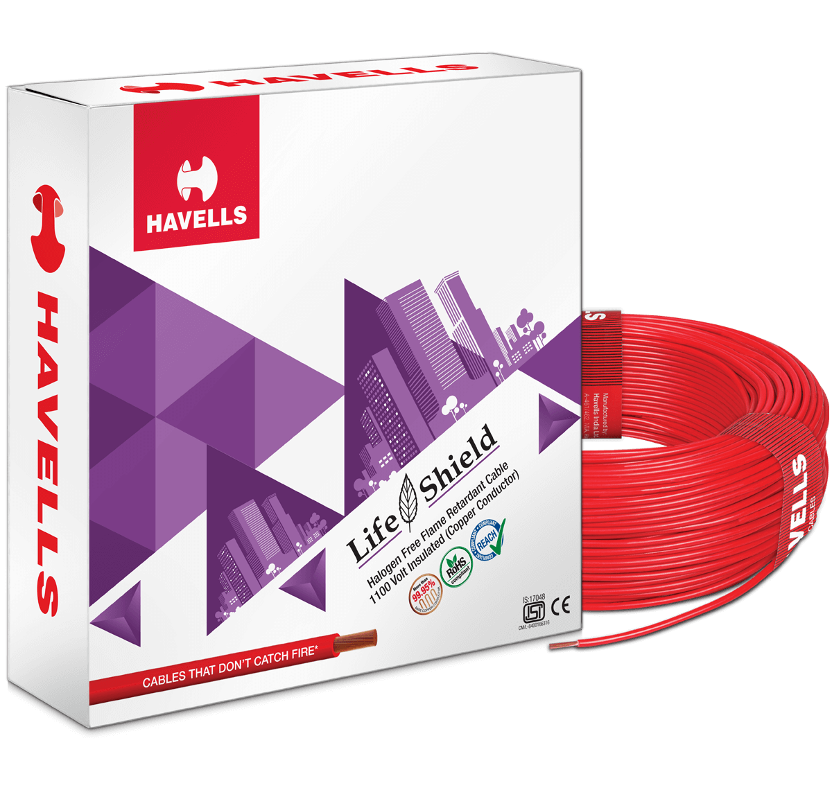 HAVELLS 1 sqmm Life Shield HFFR Electric Wire Red 180 m_0