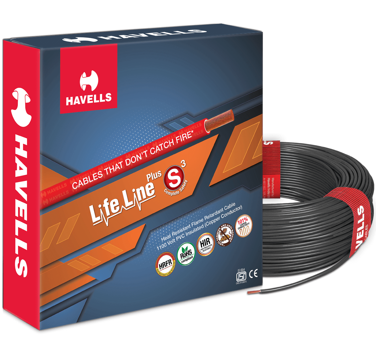 HAVELLS 0.75 sqmm Life Line Plus S3 HRFR Electric Wire Black 90 m_0