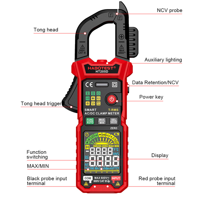 HABOTEST HT205D 60A/600A 600mV/6V/60V/600V AC DC Clamp Meter_4