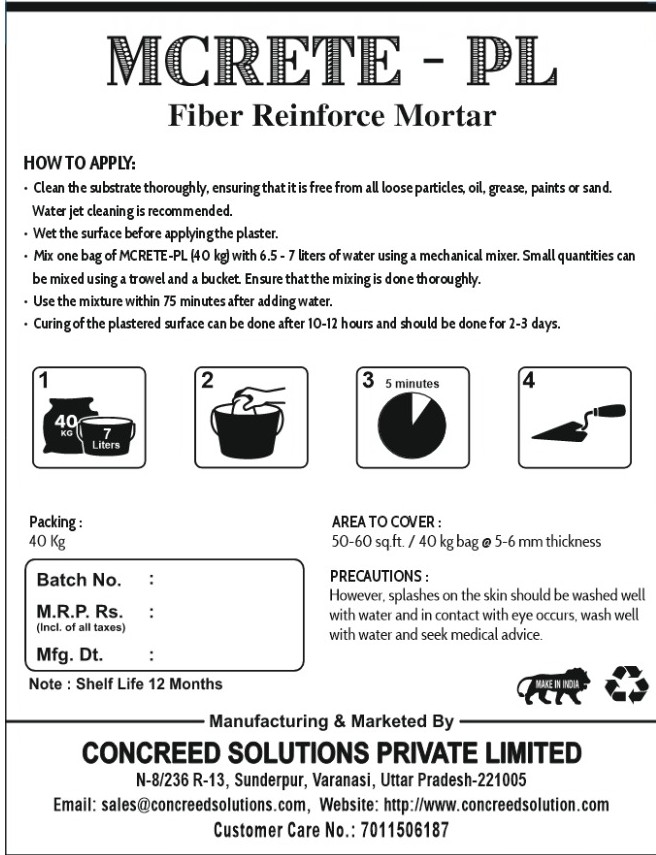 CONCREED MCRETE - PL Floor Coving Mortar FIBRE REINFORCE 40 kg Bag_2