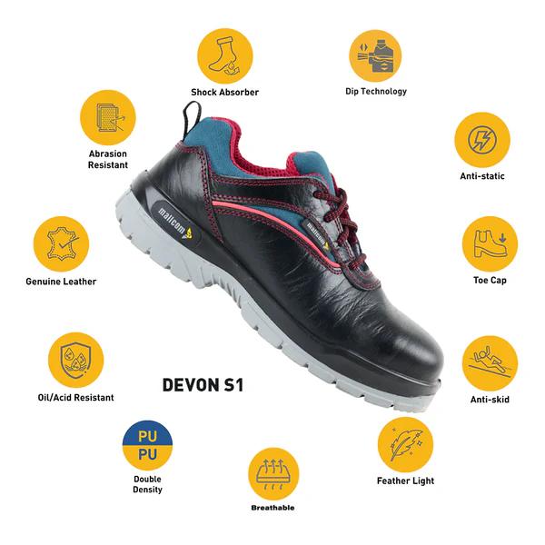 Mallcom Devon Black Wood Print Leather Steel Toe Safety Shoes Black and Blue_2