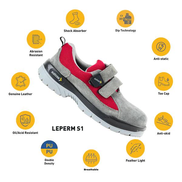Mallcom Leperm Suede Leather and Mesh Steel Toe Safety Shoes Grey and Red_2