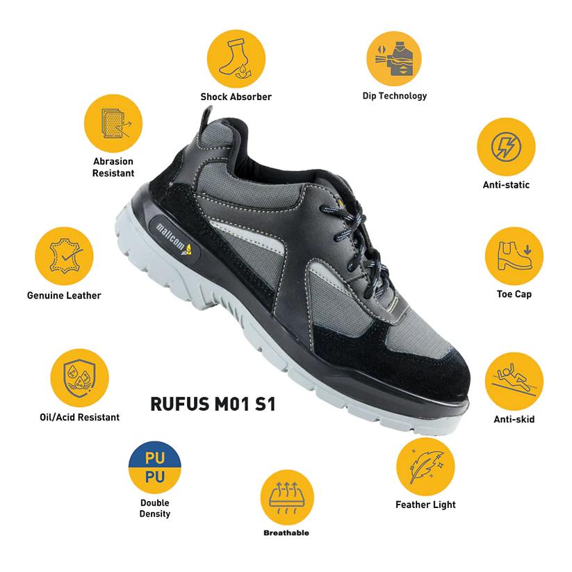 Mallcom Rufus M01 Microfiber + Suede + Mesh Steel Toe Safety Shoes Black and Grey_1