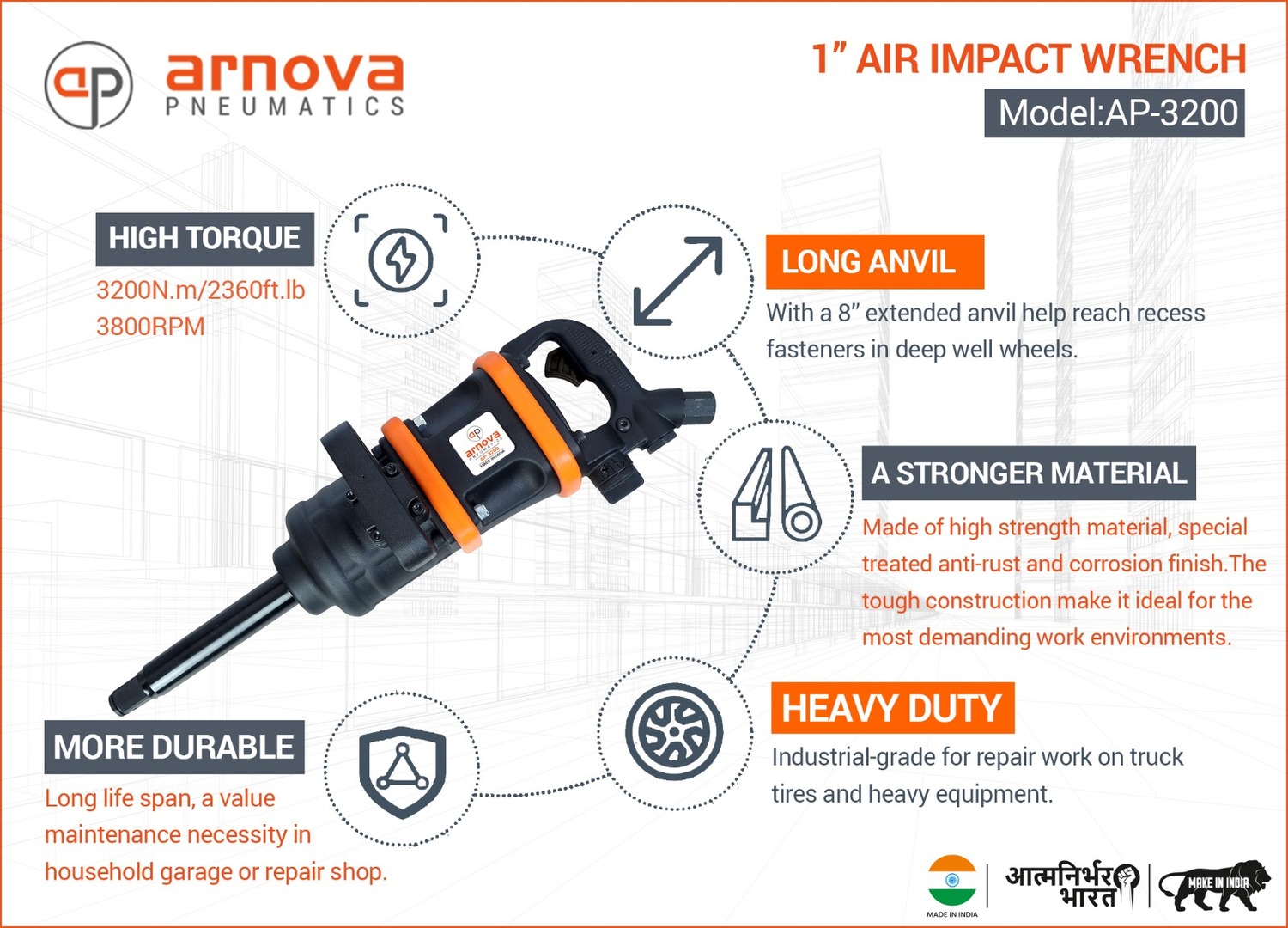Arnova 1 inch Pneumatic Impact Wrenches AP-3200 3200 Nm_1