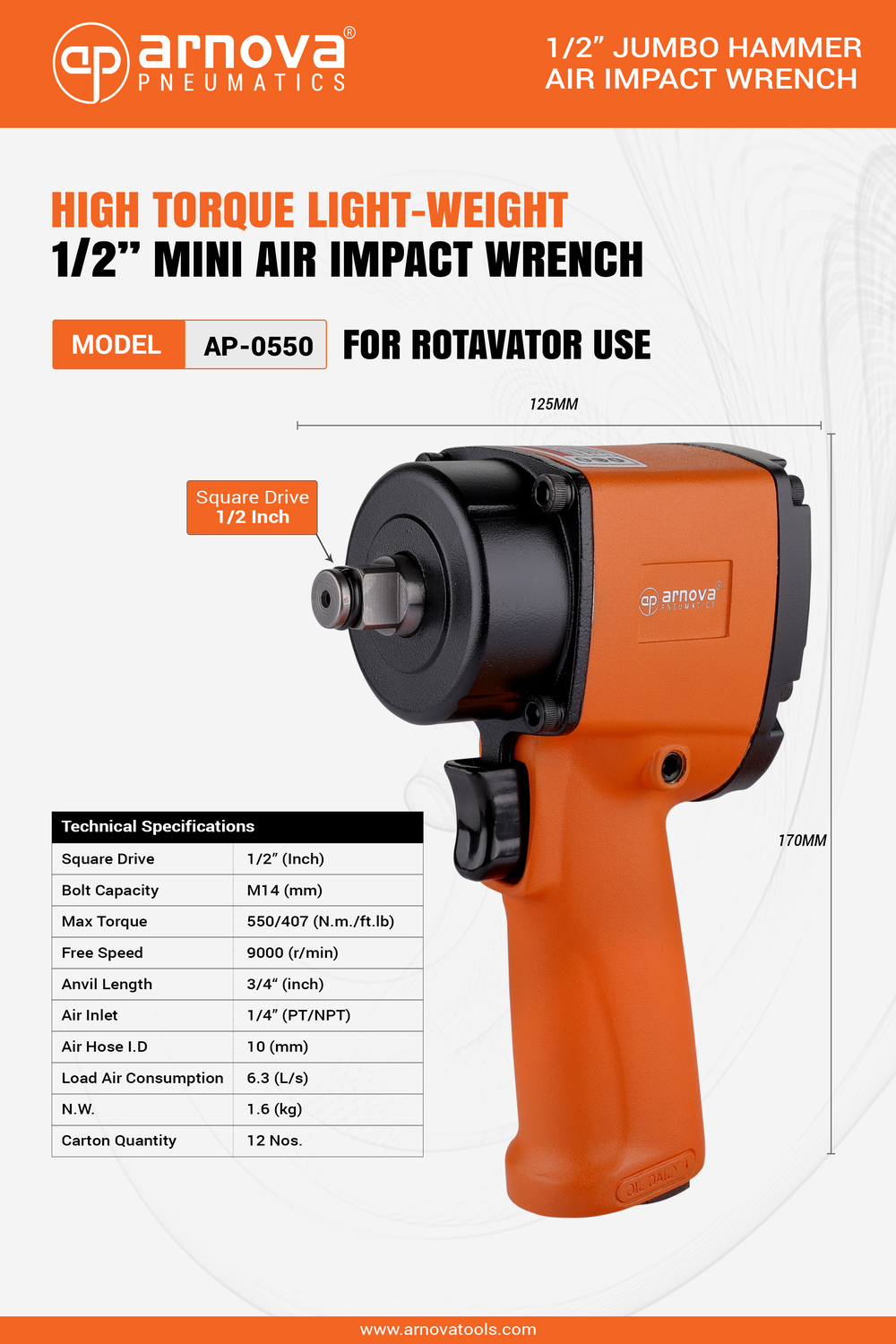 Arnova 14 mm Pneumatic Impact Wrenches AP-0550 550 Nm_1