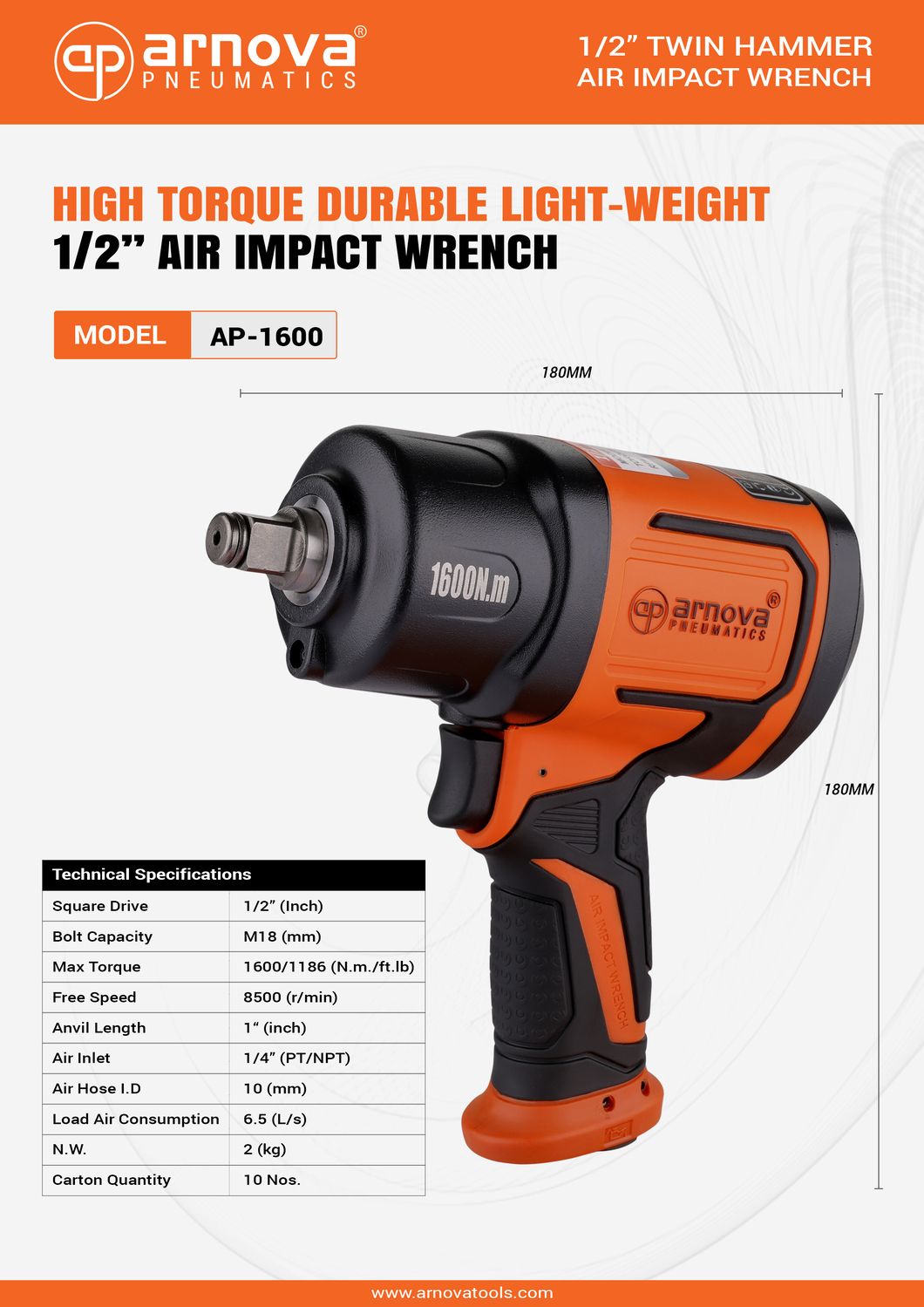 Arnova 1/2 inch Pneumatic Impact Wrenches AP-1600 1600 Nm_1