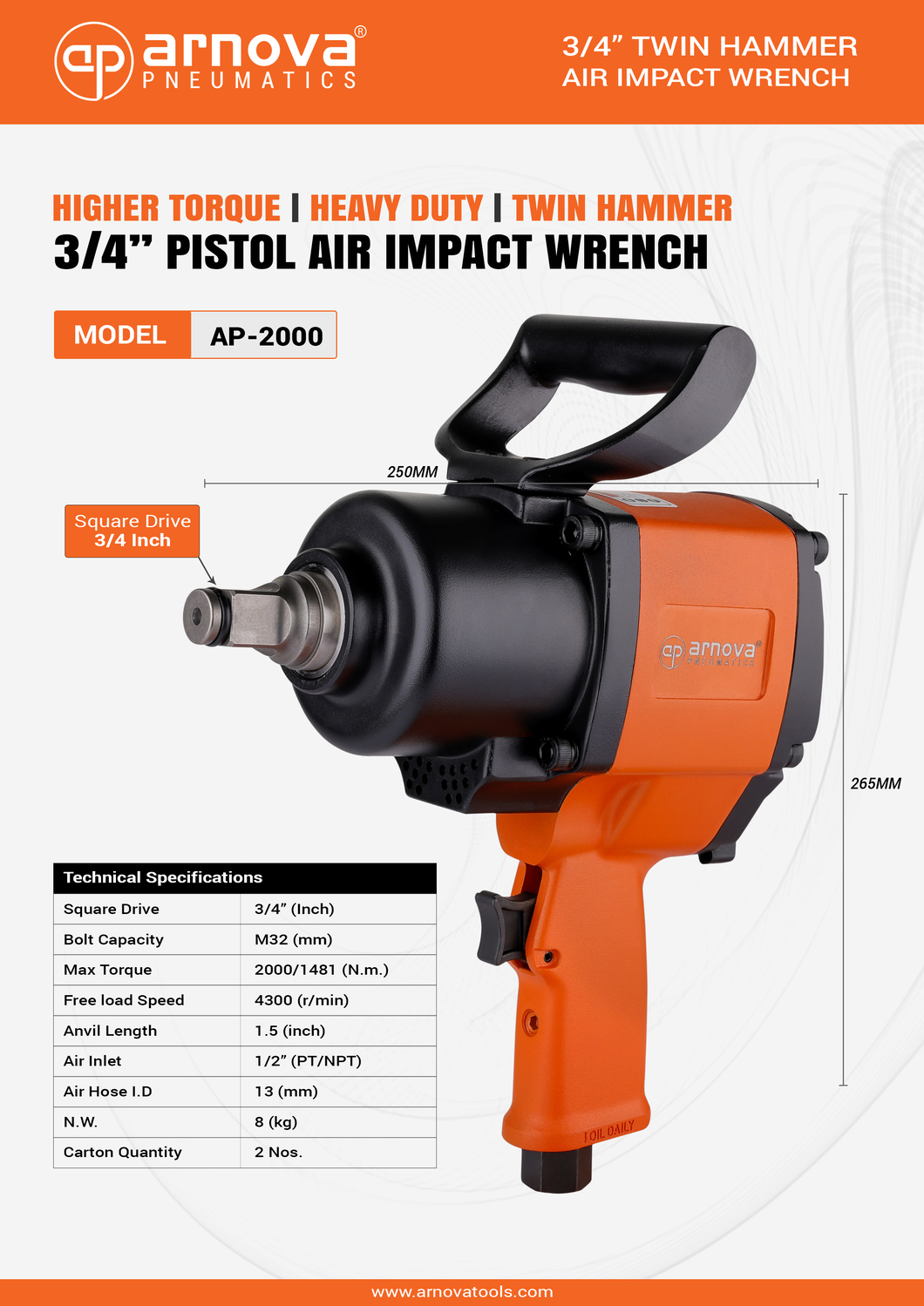 Arnova 3/4 inch Pneumatic Impact Wrenches AP-2000 2000 Nm_1