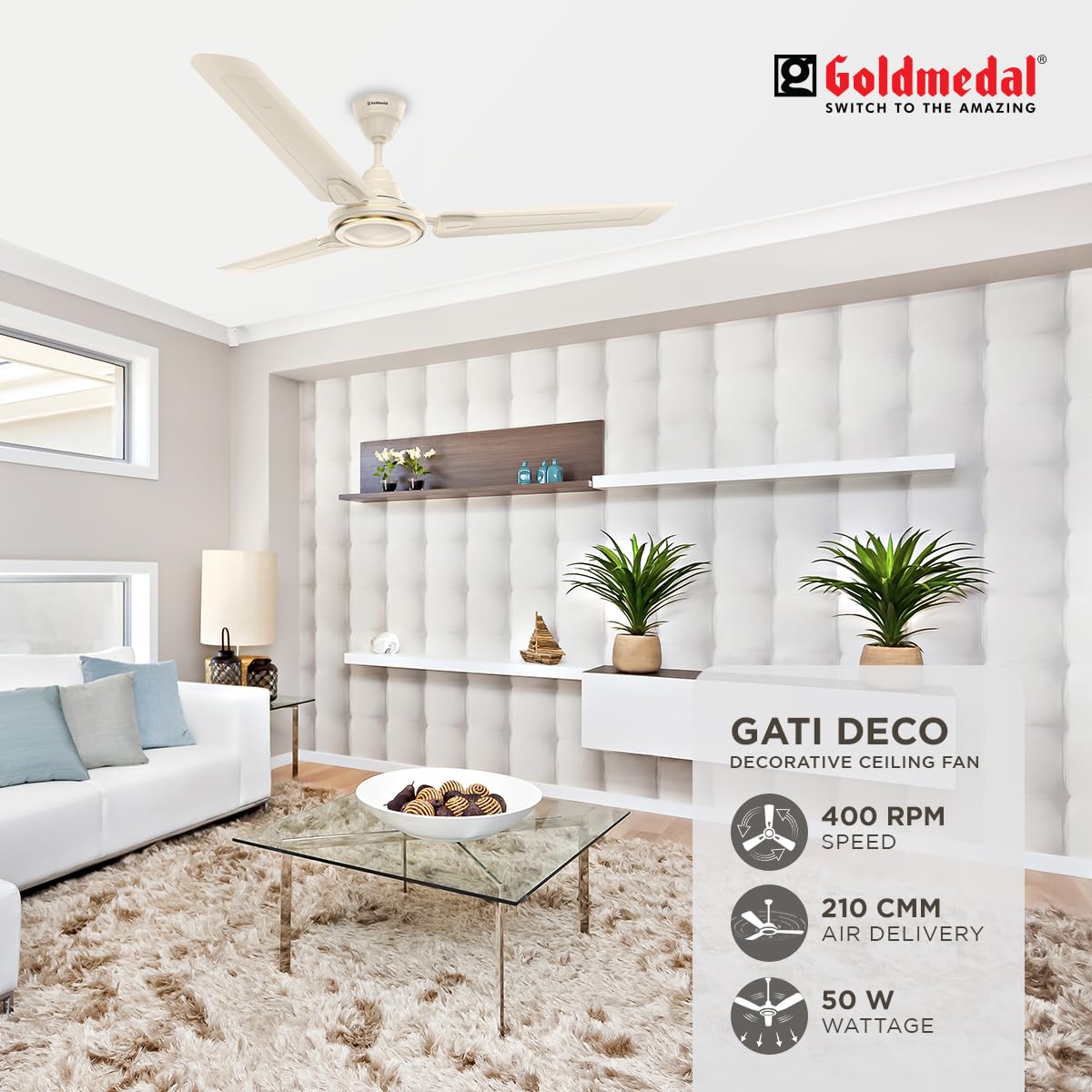 Goldmedal Gati Deco 1200 mm 3 Blades 50 W Ivory Ceiling Fans_2