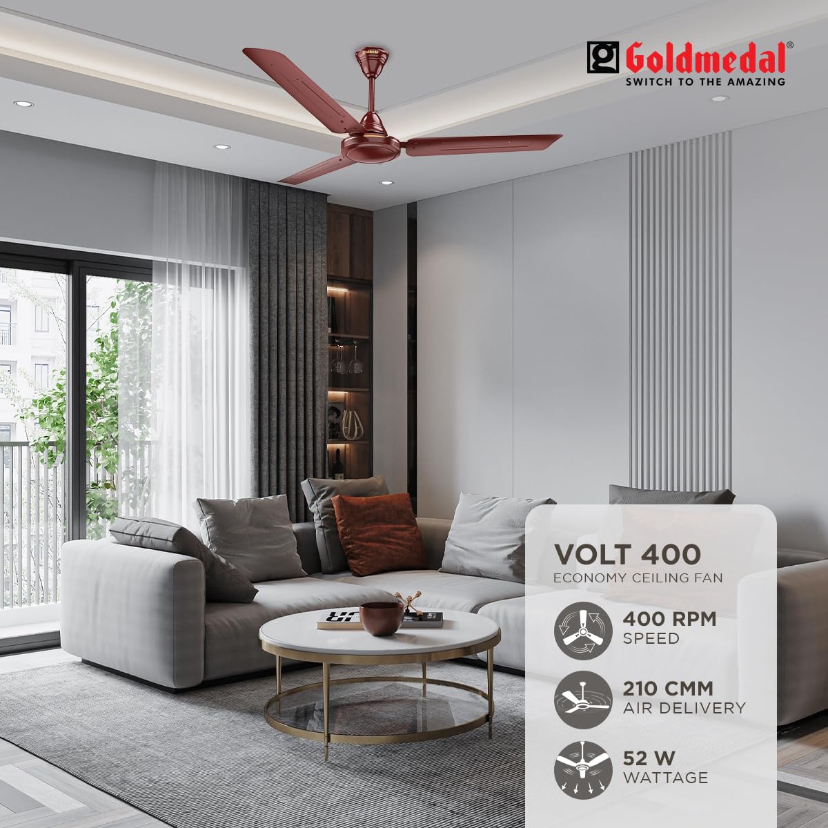 Goldmedal Volt 400 1200 mm 3 Blades 52 W Brown Ceiling Fans_2