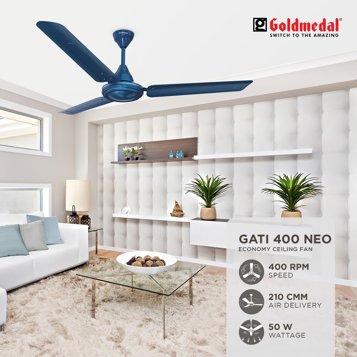 Goldmedal Gati 400 Neo 1200 mm 3 Blades 50 W Blue Ceiling Fans_2