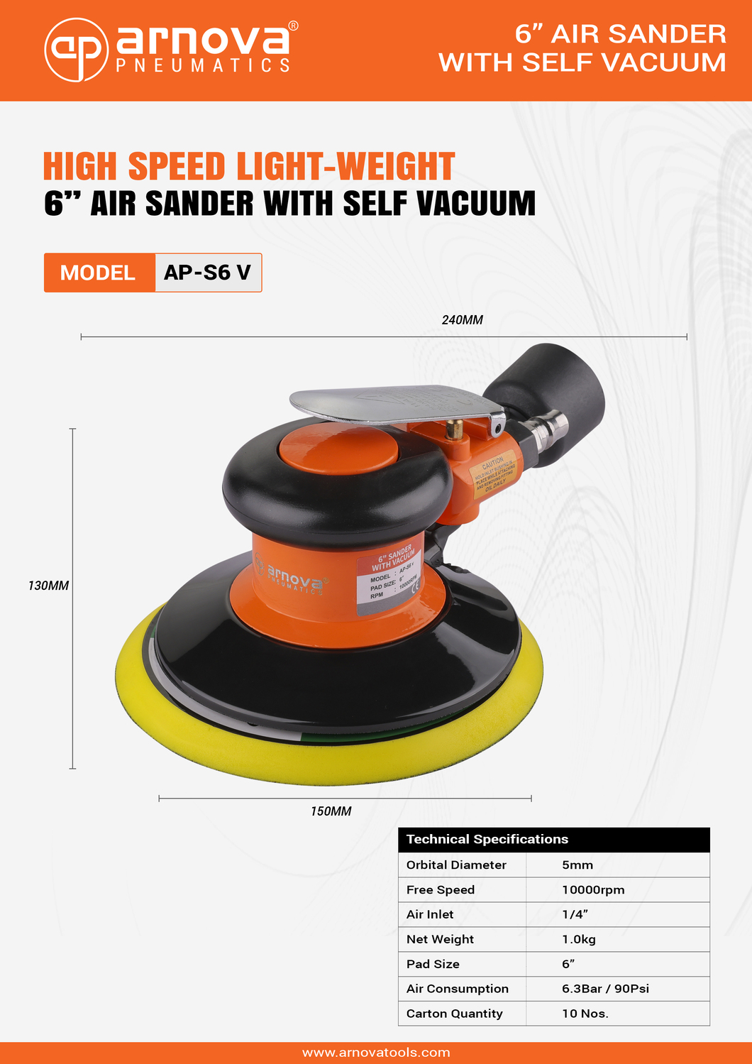 Arnova 6 inch Pneumatic Orbital Sander AP-S6 V 90 psi 10000 rpm_1