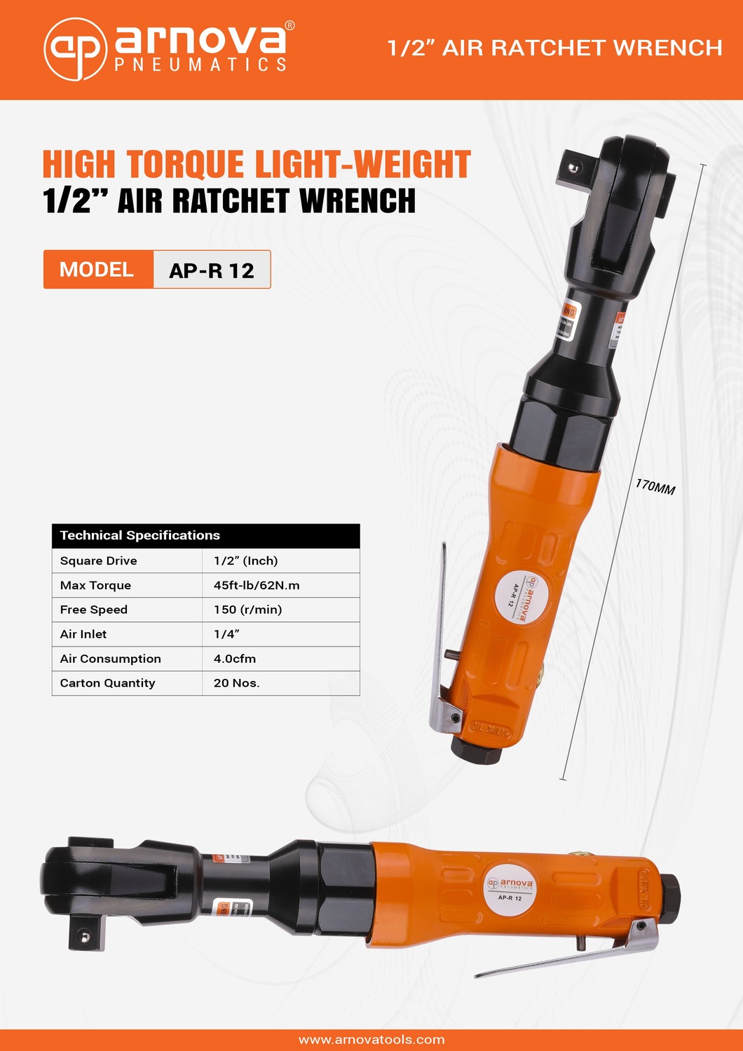 Arnova 1/2 inch Pneumatic Ratchet Wrench AP-R 12 62 Nm_1