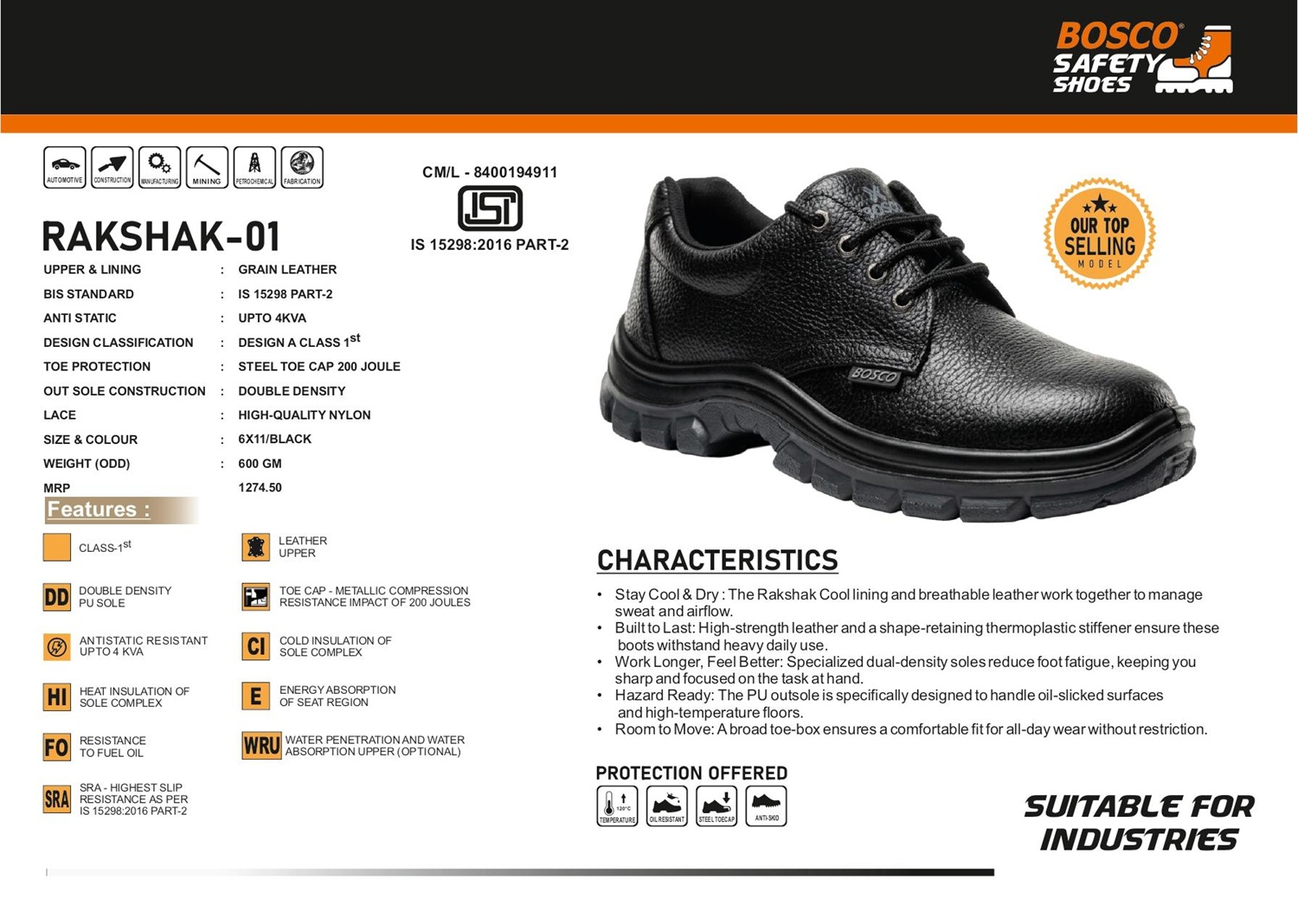 BOSCO RAKSHAK-01 Grain Leather Steel Toe Safety Shoes Black_1